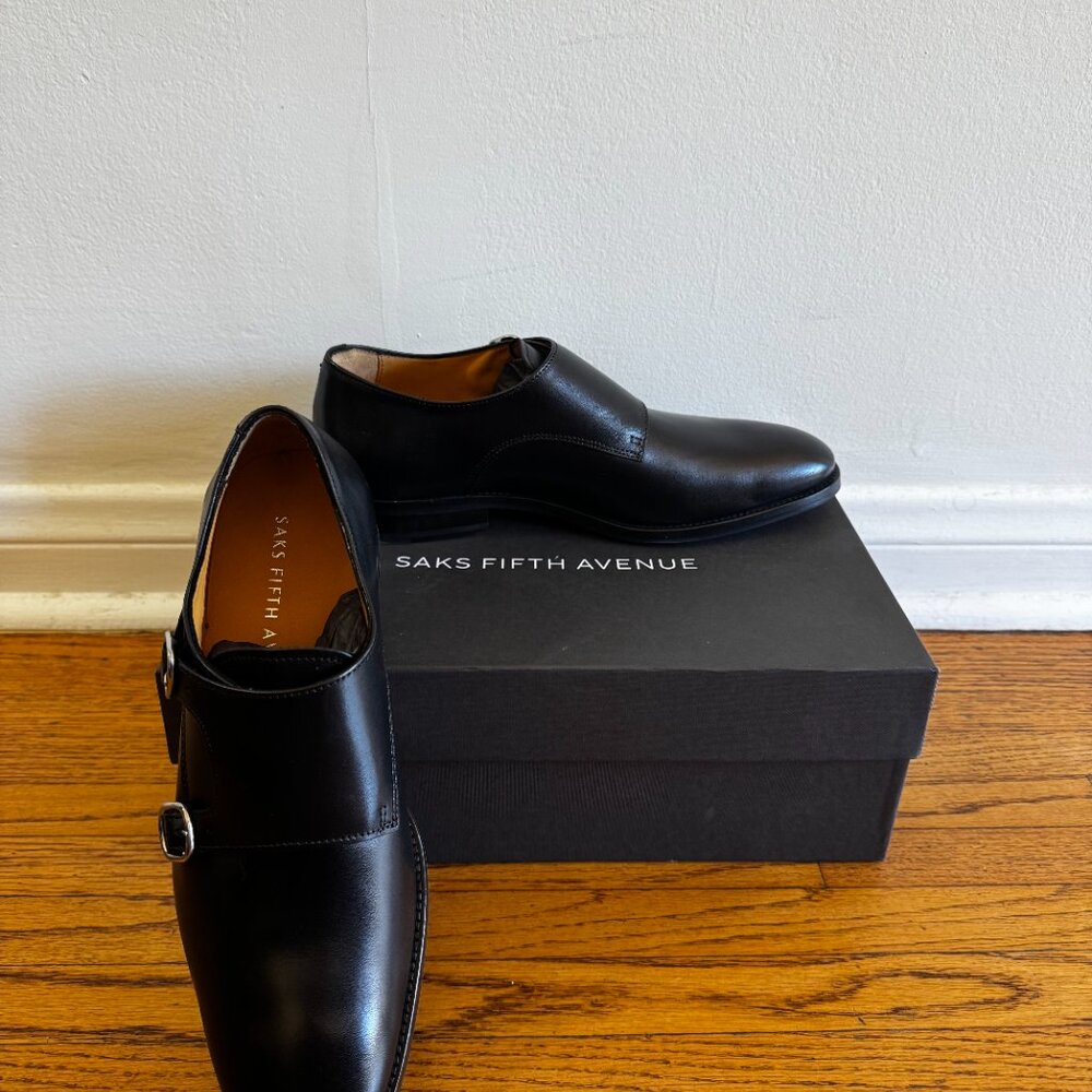 Saks Fifth Avenue "Matthew Leather" Double Monk Strap Shoes * Black * Size 9 - Picture 3 of 6